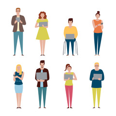 Obraz premium Vector set in a flat style of business people with devices