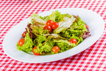 Salad witth lettuce leaves and cherry tomatoes on white plate