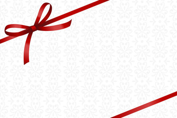 Invitation, Greeting or Gift Card With Red Ribbon And A Bow  on Decorative Elements  background.  Gift Voucher Template with  place for text.