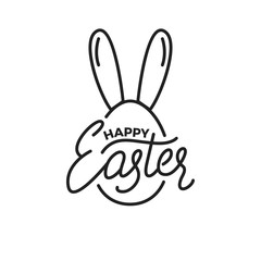 Easter. Label badge emblem of Happy Easter linear lettering and egg with rabbit ears