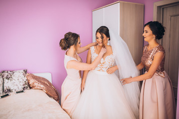 Obraz na płótnie Canvas Bride and bridesmaids during the wedding preparations