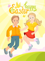 Happy Easter - postcard with two friends - a boy and a girl