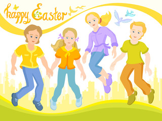 Children are jumping together, sunny postcard, Happy Easter.