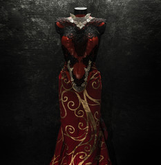 Red mystery, gothic style handmade dress with black lace fabrics and piezsa in gold and silver