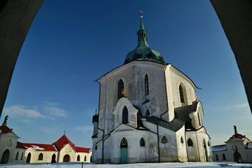 Close-up winter scene of Pilgrimage Church of St John of Nepomuk at Zelena Hora at Zdar nad Sazavou...