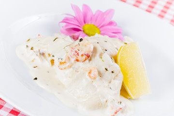 Pike Perch with cream sauce and shrimp on white plate