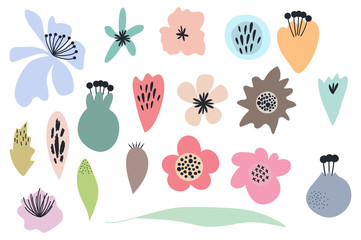 Pack of hand drawn simple pastel vector flowers and plants.