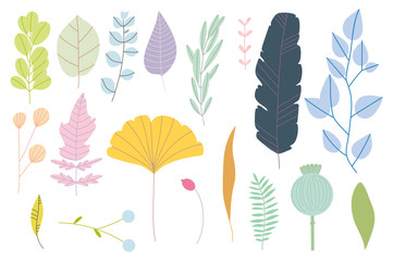 Pack of hand drawn simple pastel vector flowers and plants.