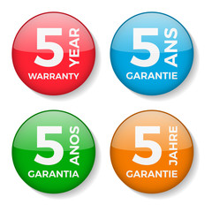 5 year warranty badge, vector.