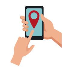 hands and smartphone with delivery service application location pointer vector illustration