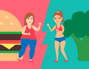 fat woman with burger against fitness girl with broccoli .weight loss concept
