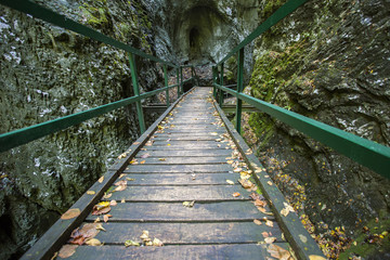 Obraz premium Walking construction in Vrajzi prolaz canyon near Skrad, Croatia