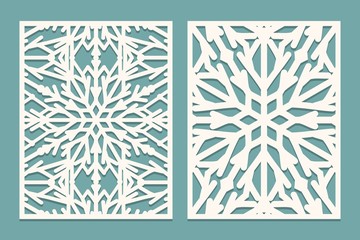 Die and laser cut decorated panels with snowflakes pattern. Laser cutting decorative lace borders patterns. Set of Wedding Invitation or greeting card templates.