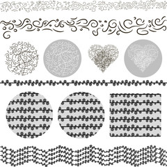 Black and white elements made from curls, circles, hearts, zigzags, line and spiral