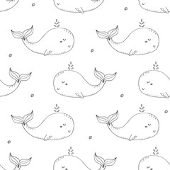 Obraz premium Cute background with cartoon whales. Baby shower design.