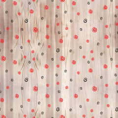 Black and red spiral on wood texture seamless pattern. Black and red line circles on white background. Geometric round random abstract shapes.