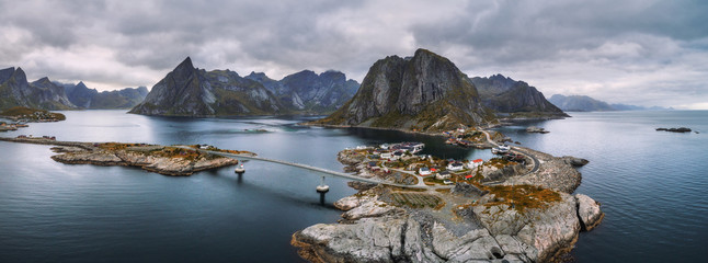 Aerial view of fishing villages in Norway
