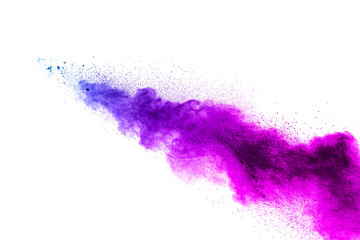Blue-Purple color powder explosion cloud isolated on white background.Closeup of Blue-Purple dust...