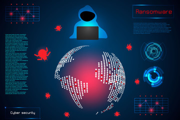 infographic abstract technology concept information of ransomware alert warning, antivirus, malware, hacker and virus crime ; design of hud interface on hi tech background