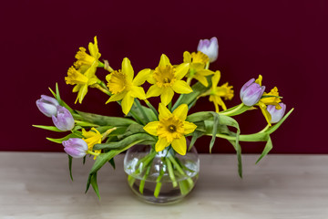 spring flowers in a vase in front of red wall