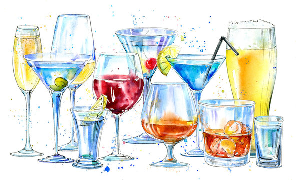 Glass of a champagne,martini,whiskey,vodka, wine,liquor, beer, cognac and cocktail. Picture of a alcoholic drink.Beverage border.Watercolor hand drawn illustration.