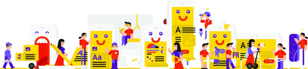 Illustration of the characters involved in the development of mobile applications. Vector illustration in a flat style. Image is isolated on white background. Office workers. The banner is ready for p