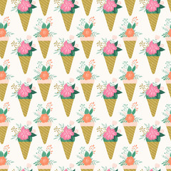 Ice cream cone with flowers seamless pattern