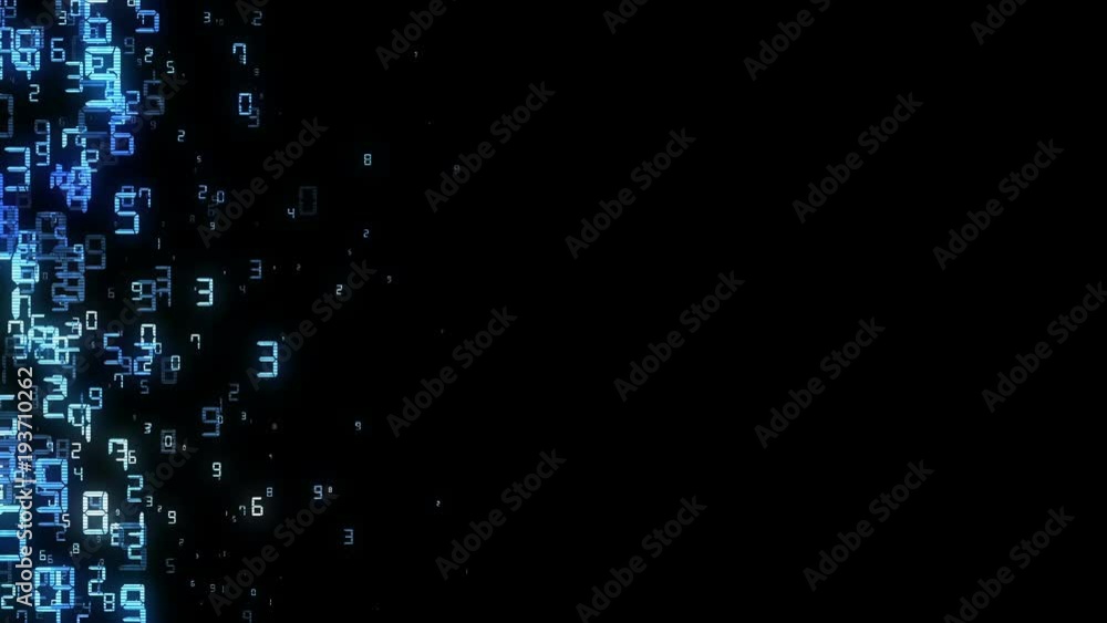 Poster a digital explosion. mathematical process. the blue letters move on the left side of the screen . pl