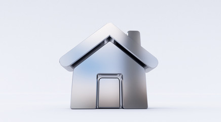 3D rendering of a metallic Home Icon on a white isolated background.