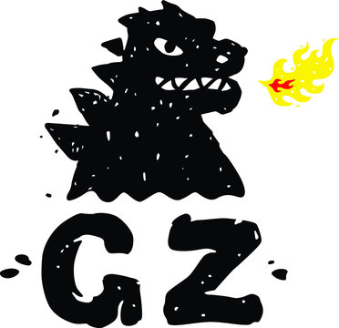 Logo, illustration of godzilla, dragon. Vector flat logo. Image is isolated on white background. Sign, mascot of the company. Corporate identity. Fire-breathing dragon logo.