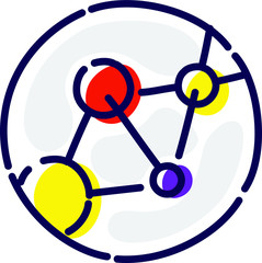 Molecules, atoms, DNA. Vector flat icon. Molecular lattice. Image is isolated on white background. Icon of chemical elements. Demonstration of scientific experiment. Company logo.
