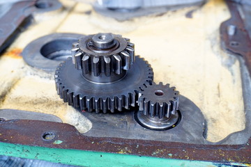 Gear gear from the assembly mechanism at the production plant in disassembled form close-up.