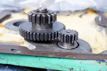 Gear gear from the assembly mechanism at the production plant in disassembled form close-up.