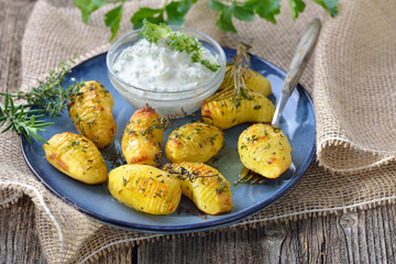 Vegetarisches Gericht: Kleine mit Olivenöl und Gewürzen gebackene Ofenkartoffeln mit frischem Kräuterquark serviert – Vegetarian meal: Small potatoes baked with olive oil and served with herb curd