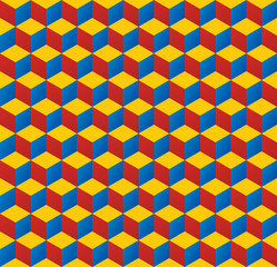 Seamless 3d isometric cube pattern background texture in red, yellow and blue