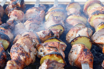 Making of barbecue with fresh meat, close-up view