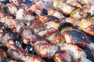 Making of barbecue with fresh meat, close-up view