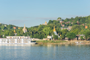 Sagaing Hill from ferry, Irrawaddy River, Myanmar