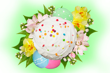 Easter cake,easter eggs and spring flowers.Greeting card