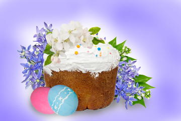 Obraz na płótnie Canvas Easter cake,easter eggs,apple blossom and blue snowdrops flowers.Greeting card