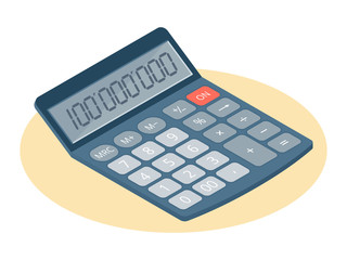 Flat isometric illustration of electronic calculator. Business and education workplace element isolated on white background. Office and school vector concept: mathematics accounting calculator.