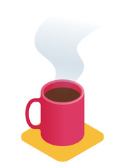 Flat isometric illustration of cup of coffee. Business workplace element isolated on white background. Office and home life workspace vector concept: the red mug of hot black coffee with steam above.