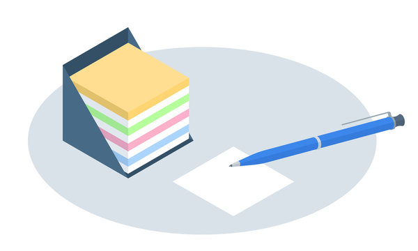 Flat isometric illustration of memo box. Office and school vector concept: desktop colorful notes storage with a pan. Business and education workplace paperwork elements isolated on white background.