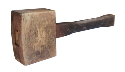 3D illustration of Grungy wooden mallet in perspective view with white background