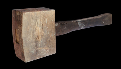 3D illustration of Grungy wooden mallet in perspective  view with black background