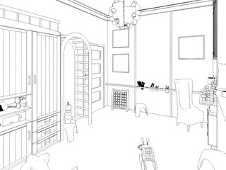 Render Children room.Graphic black white interior sketch