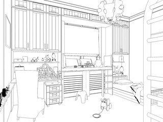 Render Children room.Graphic black white interior sketch