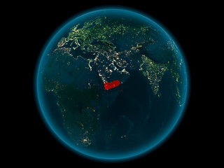 Yemen on planet Earth in space at night