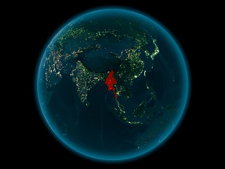 Myanmar on planet Earth in space at night