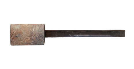 3D illustration of Grungy wooden mallet in top view with white background